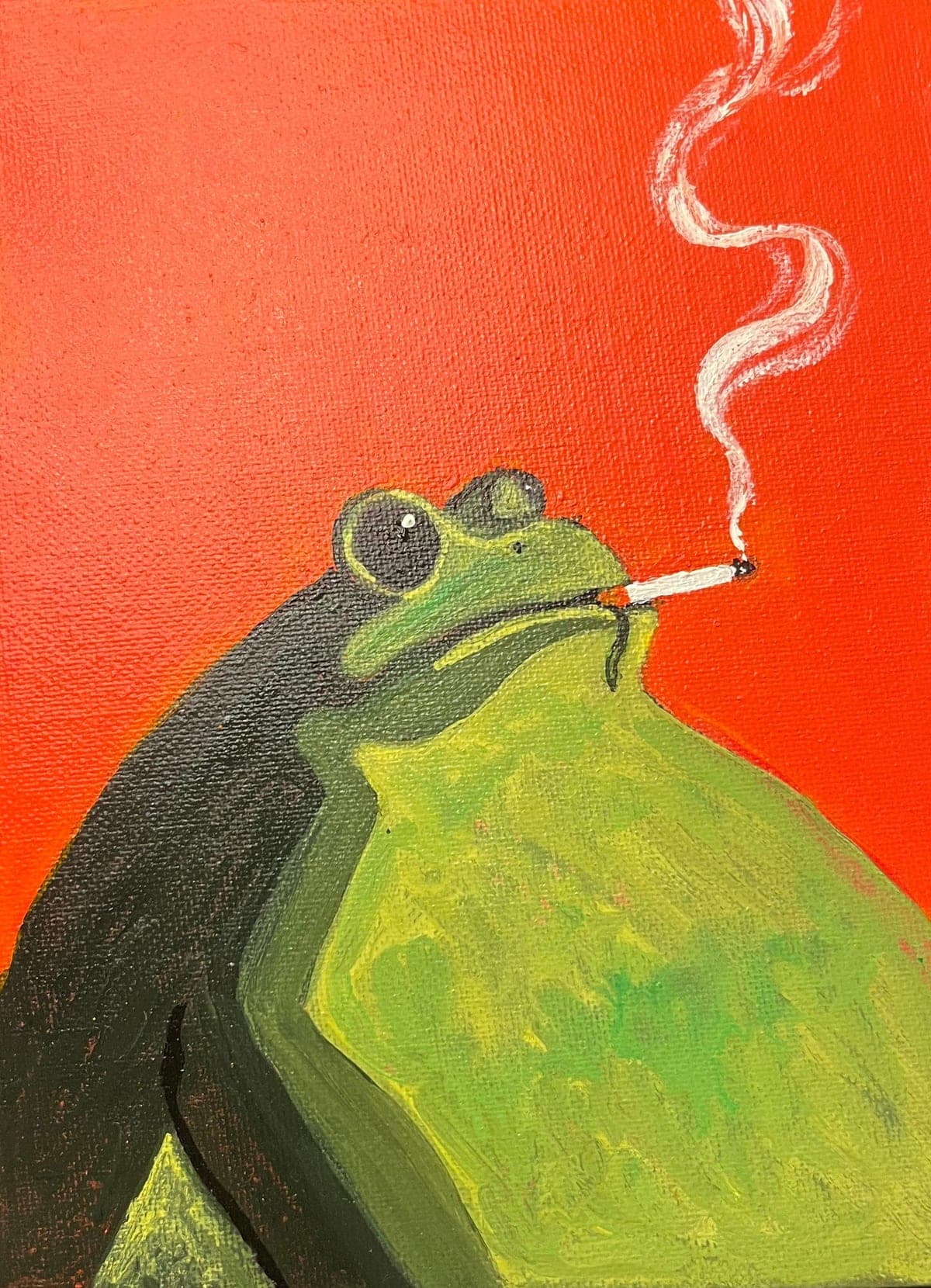 Hand-painted acrylic canvas of a frog smoking a cigarette against a bright orange background