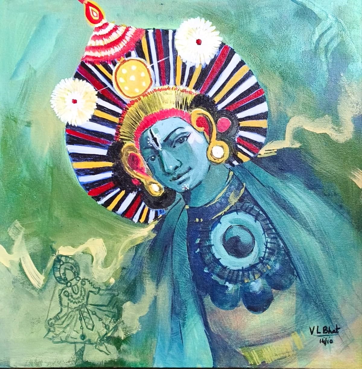 Hand-painted acrylic canvas of a Yakshagana performer in blue face paint and an elaborate striped headdress, against a green background